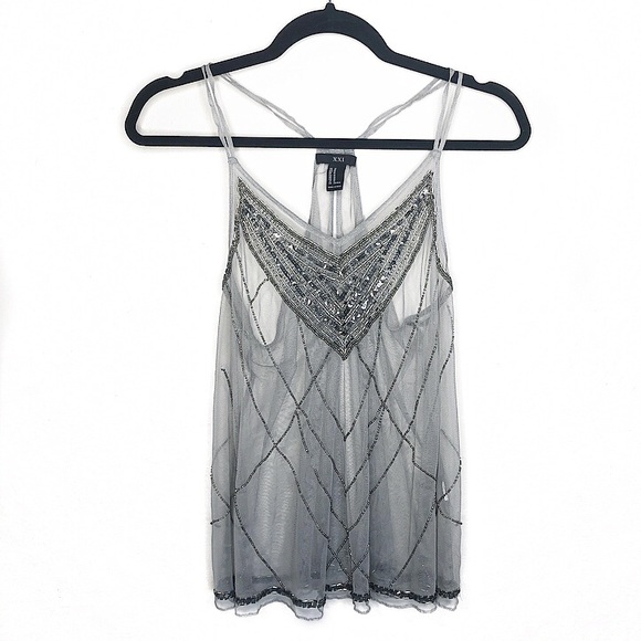 Forever 21 Tops - Sparkly Silver Beaded Mesh Racerback Tanktop